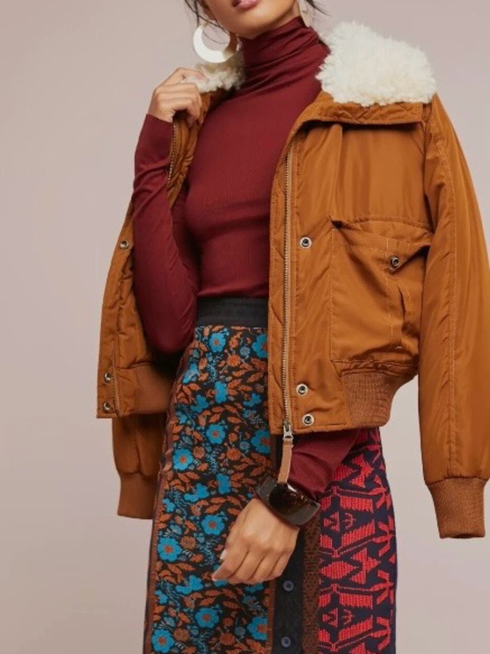 Sanctuary Tan Bomber Jacket with Cream Sherpa Collar